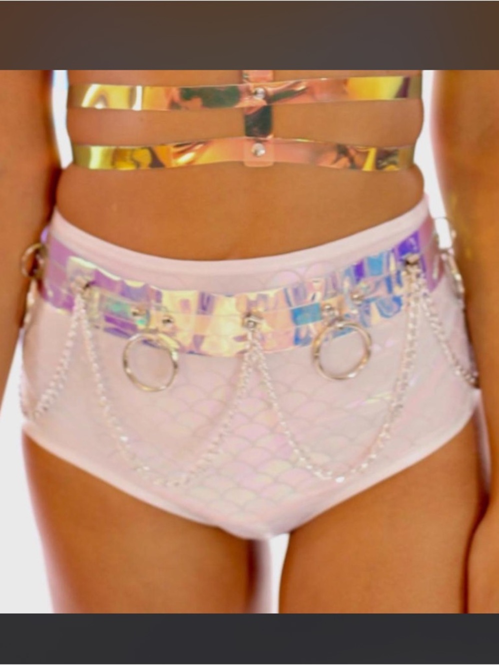 iHeartRaves Iridescent Holographic Chain Belt with Rings - Pink/Silver